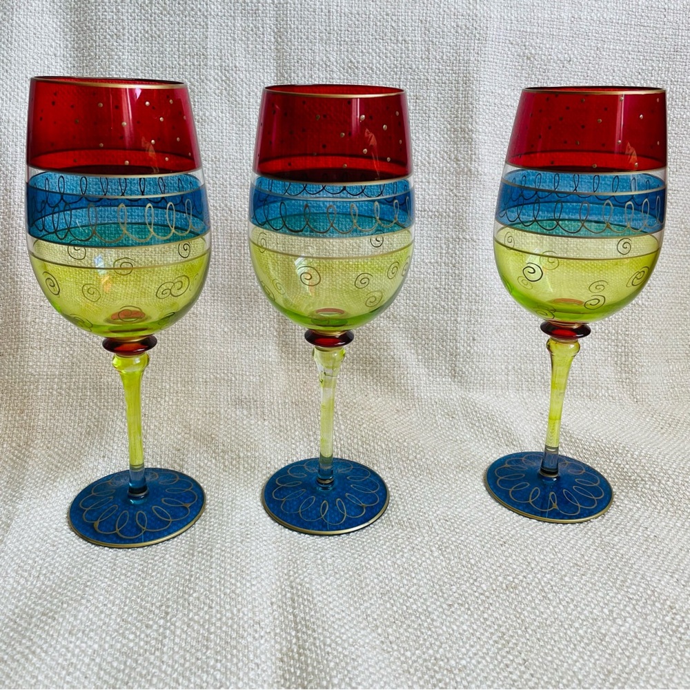 Pier 1 Bordeaux Multicolor Colorful Striped Hand-Painted Wine Glasses Set of 3
